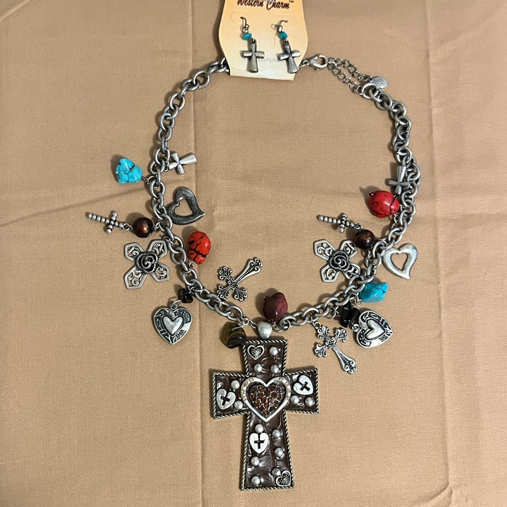 ❤️❤️ Beautiful Southwestern Multi Stone Charm Cross Necklace Earring Set NWT!